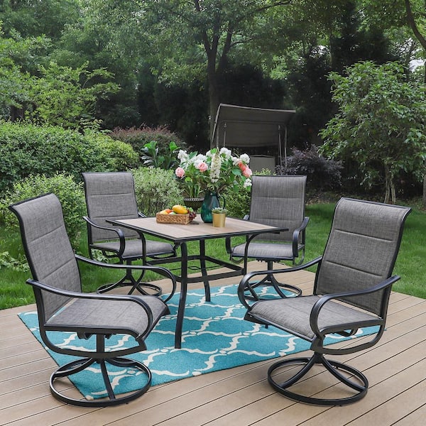 Black 5-Piece Metal Outdoor Patio Dining Set with Wood-Look Square Table and Padded Textilene Swivel Chairs