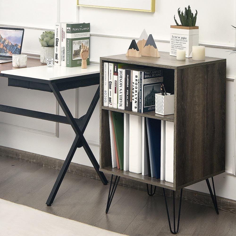 Walnut Wood Record Player Stand with Metal Legs and Storage Shelf