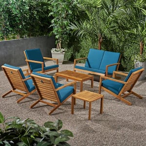 Newbury Teak Brown Removable Cushions Wood Outdoor Lounge Chair with Dark Teal Cushions (4-Pack)