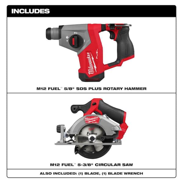 M12 FUEL 12V Lithium-Ion Brushless Cordless 5/8 in. SDS-Plus Rotary Hammer Drill, & Circular Saw