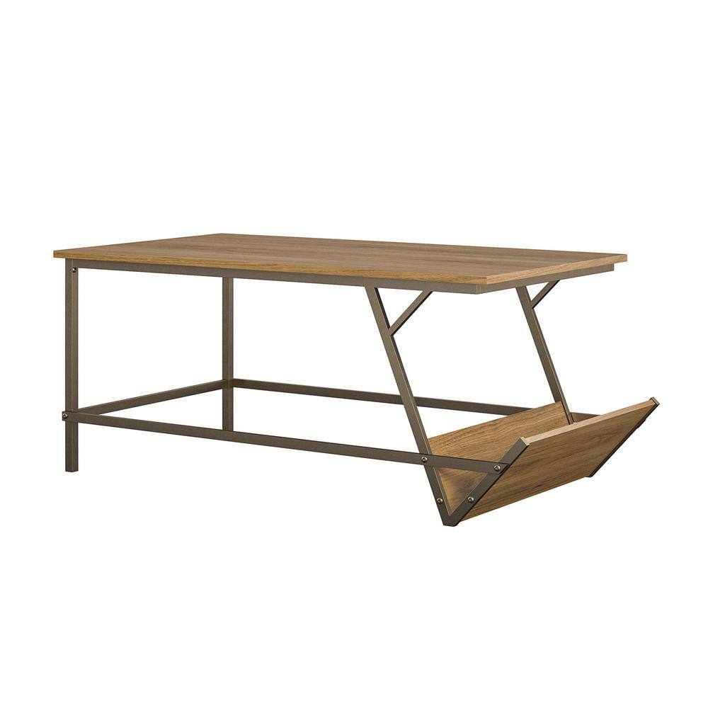 Regal Light Walnut Woodgrain Coffee Table with Bronze Metal Frame