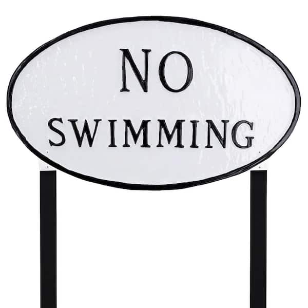 Montague Metal Products 10 in. x 18 in. Large Oval No Swimming Statement Plaque Sign with Lawn Stakes - White/Black