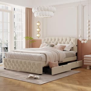 Button-Tufted Beige Wood Frame Queen Size Linen Upholstered Platform Bed with 2-Drawer, USB Ports, Nailhead Trim
