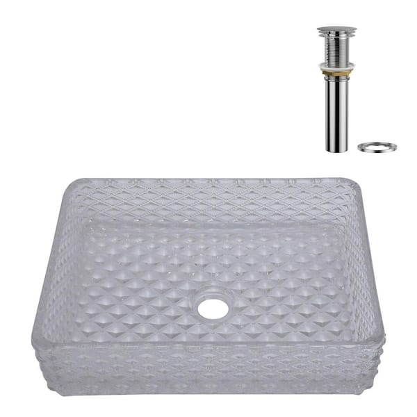 17.52 in. W x 12.99 in. D Above Countertop Rectangular Bathroom Glass Vessel Sink with Drainer in Transparent White