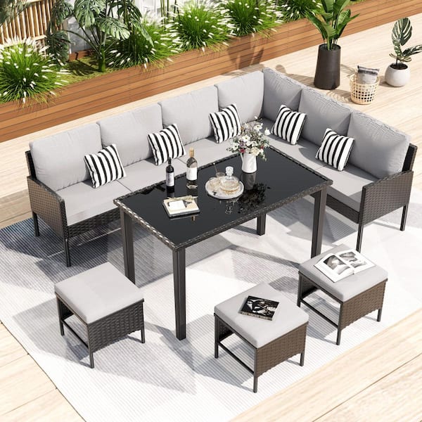 7-Piece Wicker Outdoor Sofa Sectional Set with Gray Cushions and
