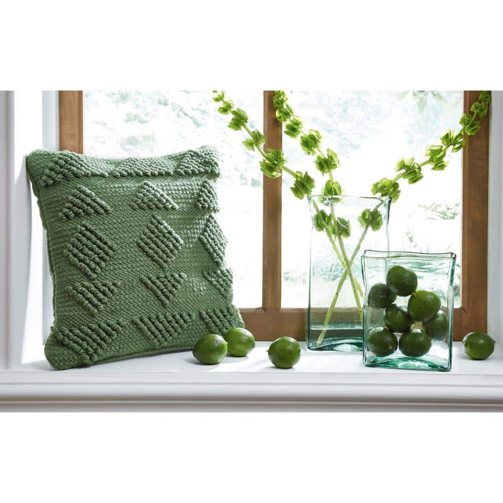 Green Handwoven Geometric 16" Square Indoor/Outdoor Pillow