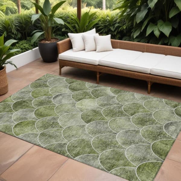 Green, Ivory 10 ft. x 14 ft. Woven Abstract Polyester Rectangle Indoor / Outdoor Area Rug