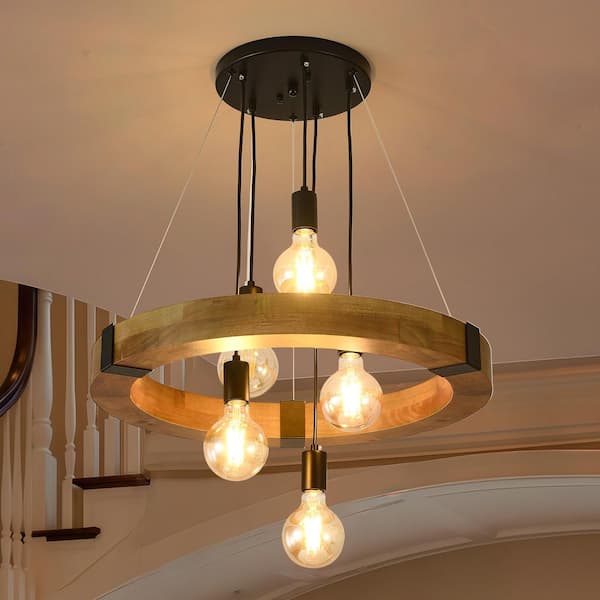 5 Light Fixture Brown Round Wood Chandelier Rustic Pendant Light for Dining Room Kitchen No Bulbs Included
