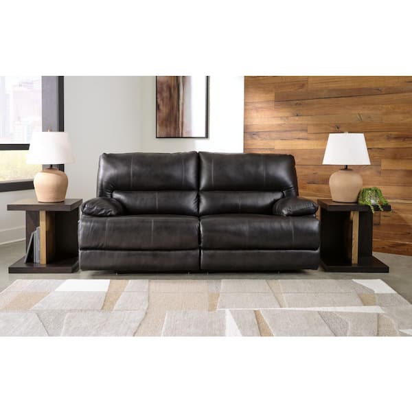 Mountainous 85 in. Pillow Top Arm Leather Match Rectangle Power Reclining Sofa with USB Ports in Black