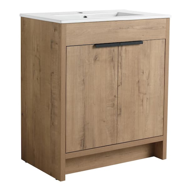 JimsMaison 30 in. W x 18 in. D x 34 in. H Freestanding Single Bath Vanity in Imitative Oak with White Ceramic Top