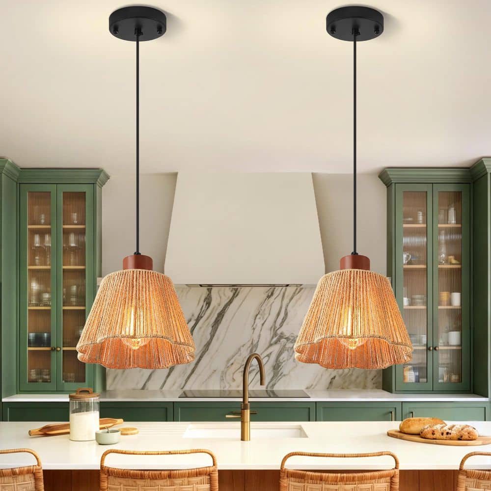 1-Light Black Boho Hand-woven Rattan Pendant Light For Kitchen Island, Dining Room & Living Room (2-Pieces) price history on PriceWatchPro