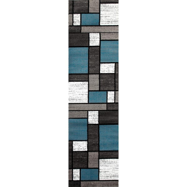 Alpine Blue 2 ft. 7 in. x 8 ft. Contemporary Modern Boxes Runner Rug