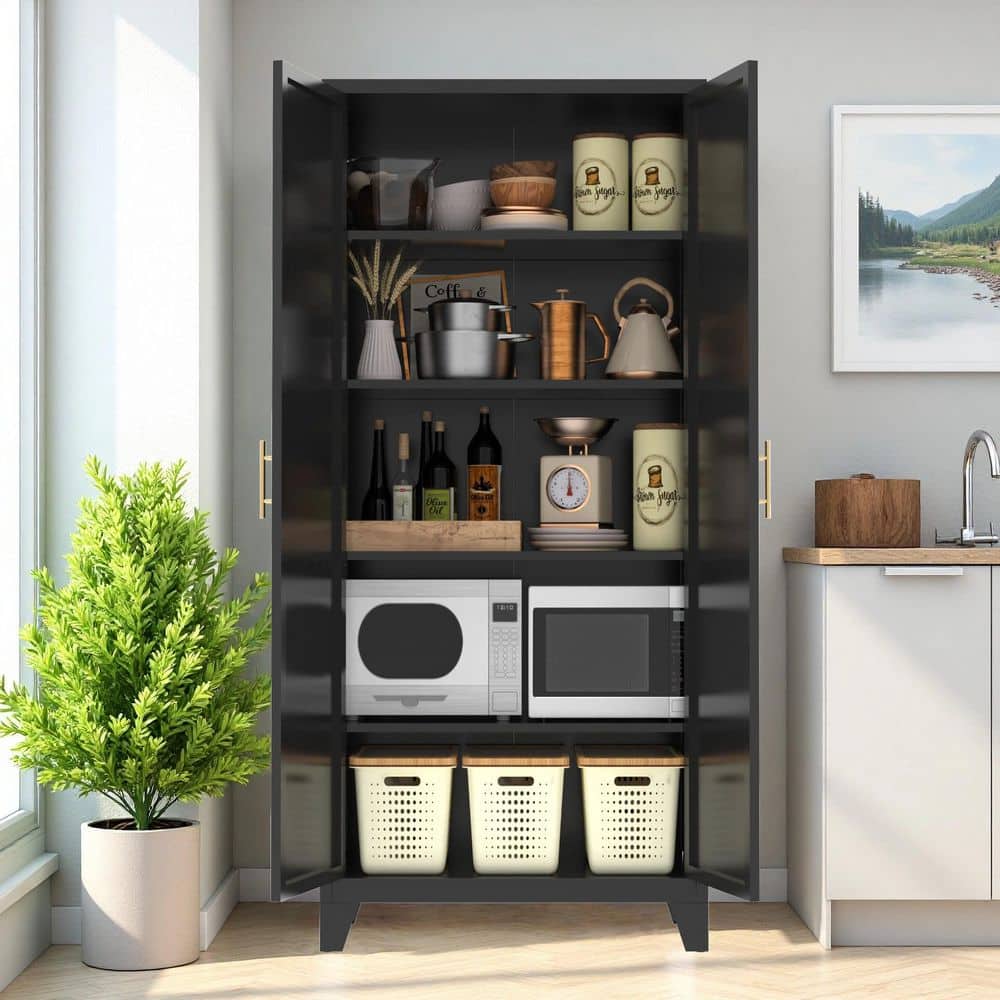 Noble House Ives Black Metal 70.9 in. Storage Cabinet with 2