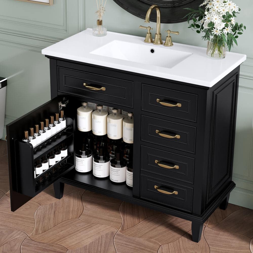 36 in. W x 18.3 in. D x 34.6 in. H Freestanding Bath Vanity in Black with White Ceramic Top(Unassembled) price history on PriceWatchPro