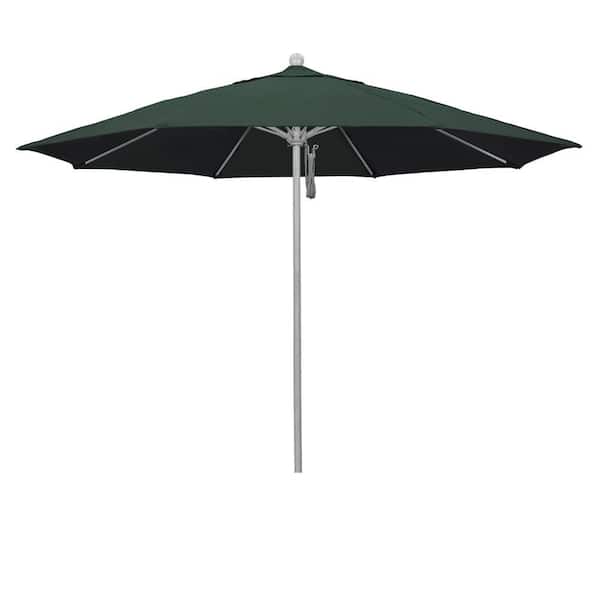 11 ft. Grey Woodgrain Aluminum Market Patio Umbrella with Fiberglass Ribs Pulley Lift in Hunter Green Pacifica