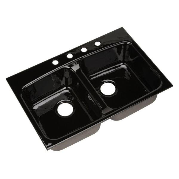 KOHLER Brookfield Tile-In Cast Iron 33.in 4-hole  Double Bowl Kitchen Sink in Black Black-DISCONTINUED