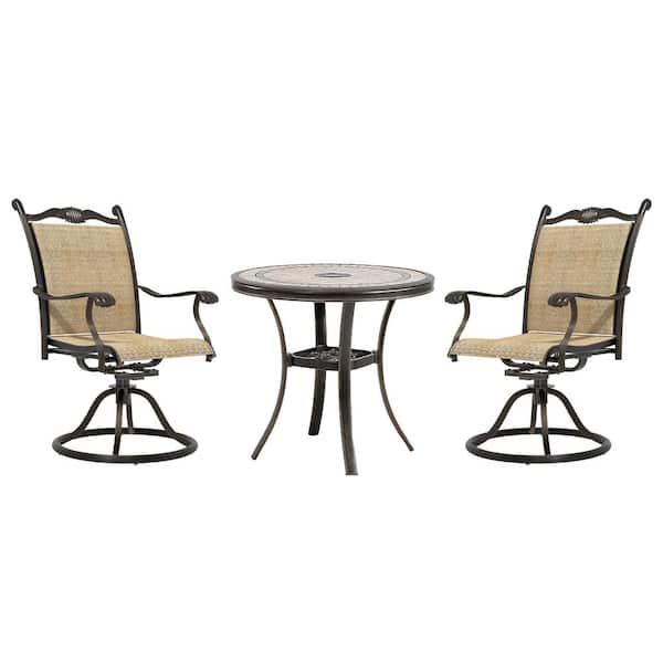 Mondawe 3-Piece Cast Aluminum Outdoor Dining Set Bistro Set with Round Tile-Top Table and Textilene Swivel Chairs