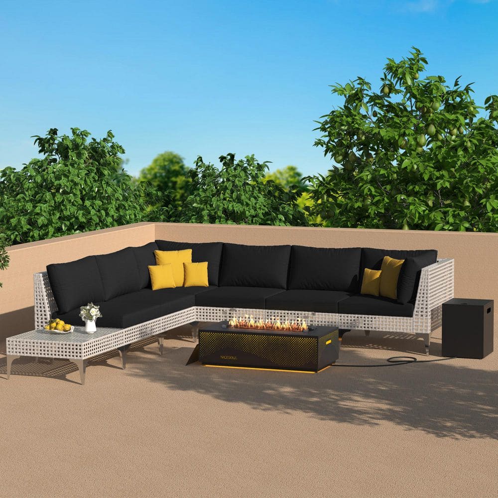 9-Piece Outdoor Fire Pit Patio Set Conversation Set with Plaid LED Fire Pit