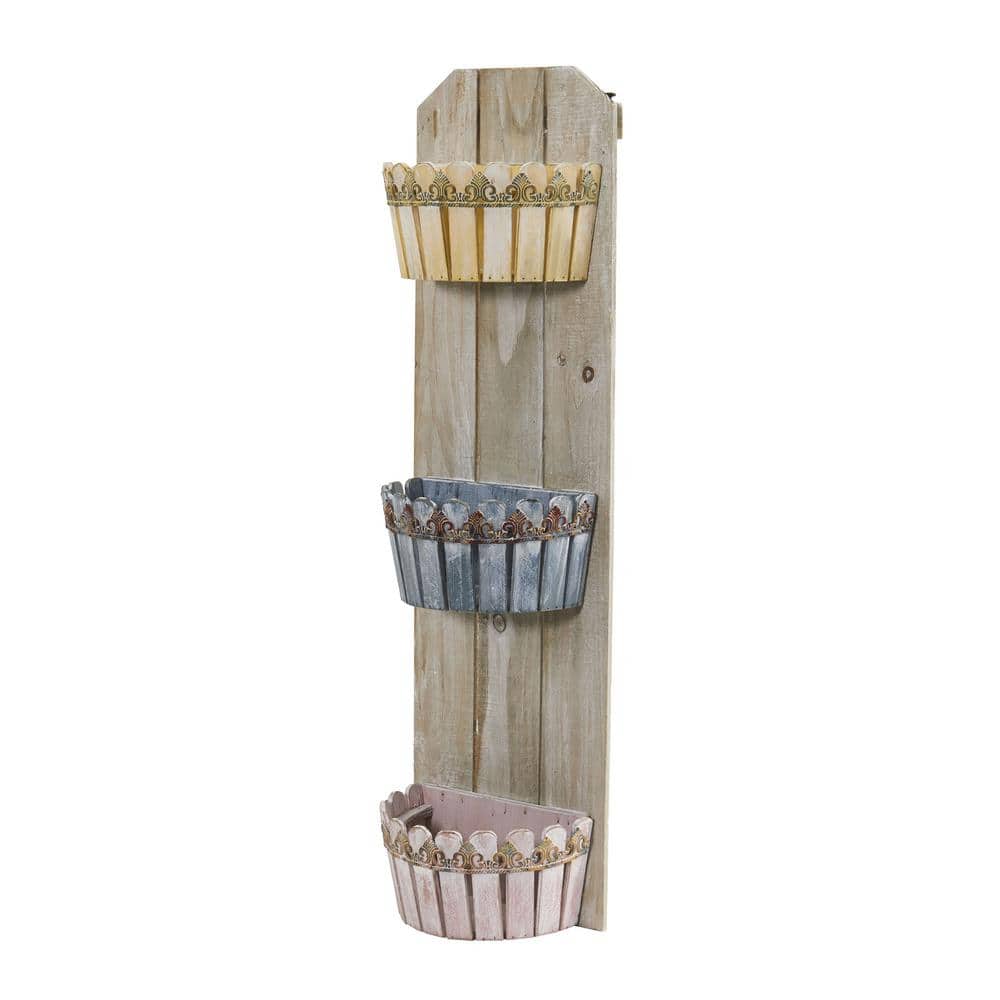 Rustic Wooden 35" Triple Basket Wall Planter for Indoor/Outdoor