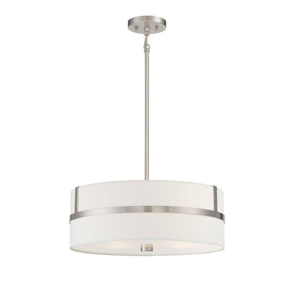 Contemporary Brushed Nickel Drum Pendant with White Shade