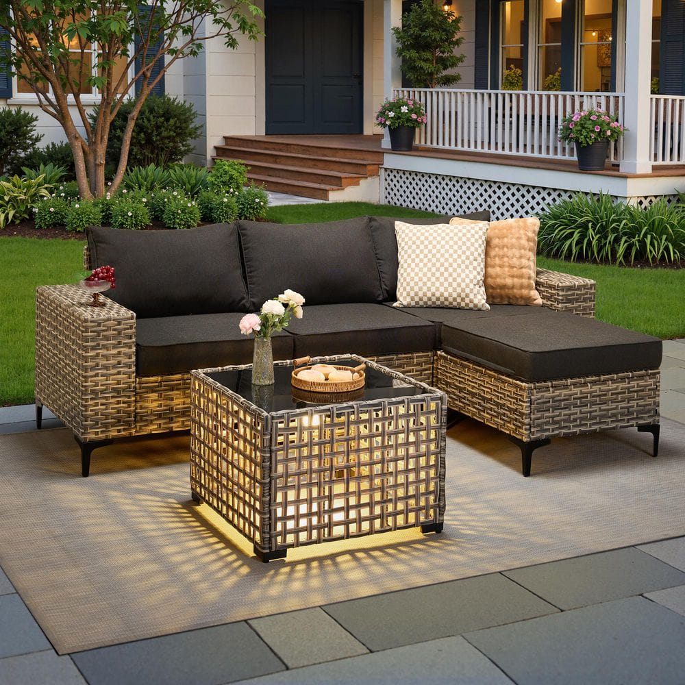 Sunny 5-Piece All-Weather Wicker Outdoor Patio Conversation Sofa Set with a Solar-Lighted Table and Black Cushions price history on PriceWatchPro