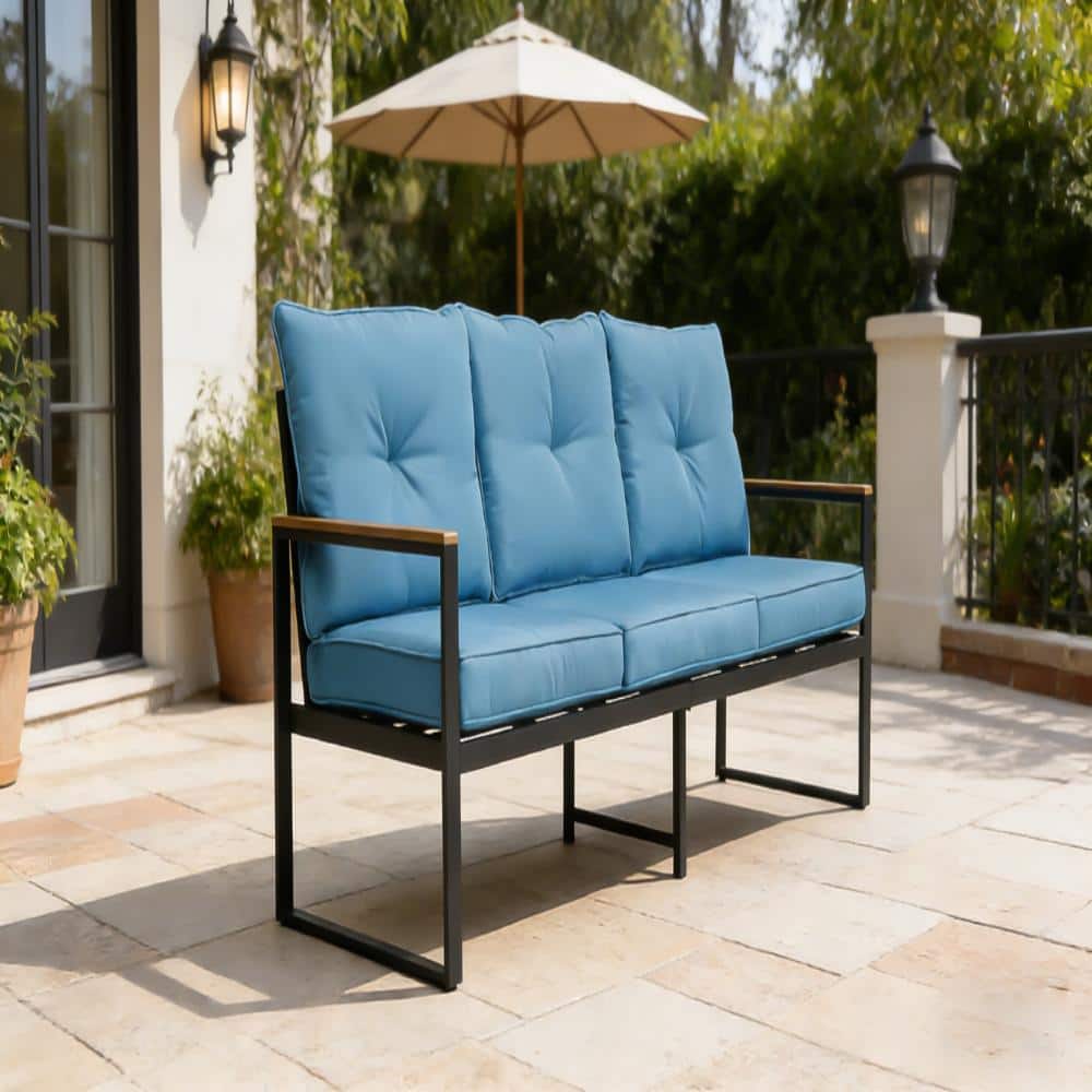 3-Seat Black Metal Outdoor Patio Sofa Couch with Thick Blue Cushions ...