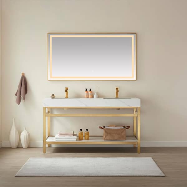 ROSWELL Funes 60 in. W x 22 in. D x 33.9 in. H Double Sink Bath Vanity in Brushed Gold Metal Stand with White Sintered Stone Top