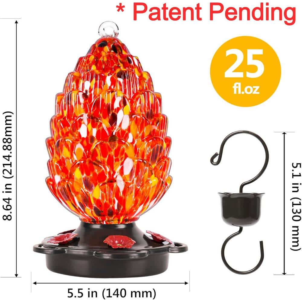25 fl.oz Red Hand Blown Glass Pine Cone Hummingbird Feeder