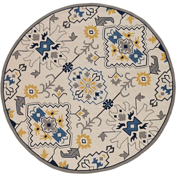 Mira Ivory 8 ft. Round Bordered Bohemian Hand-Made Area Rug