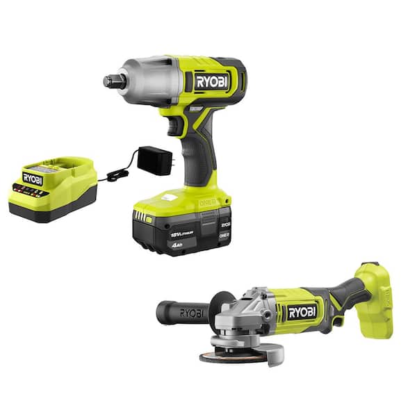 RYOBI ONE+ 18V Cordless 2-Tool Combo Kit with 1/2 in. Impact Wrench, 4-1/2 in. Angle Grinder, 4.0 Ah Battery, and Charger