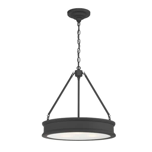 Hampton Bay Grafton 100-Watt 3-Light Matte Black Drum Pendant Light with Frosted Clear Glass Shade, No Bulbs Included
