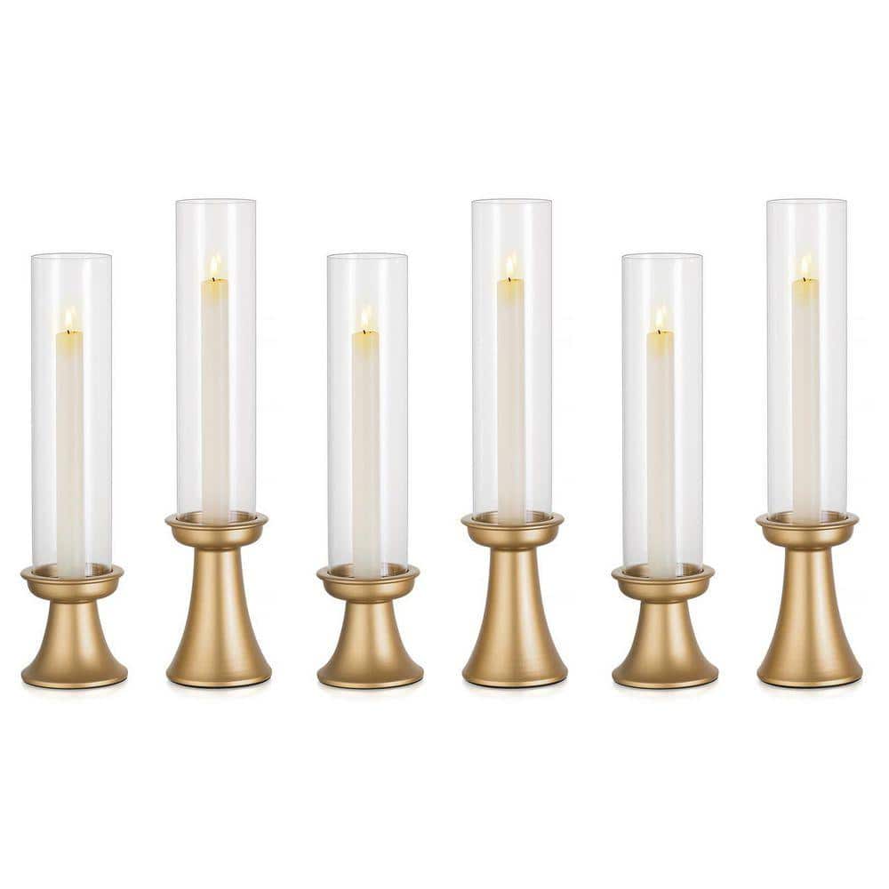 Gold Taper Candlestick Holders Set of 6, Brass with Glass Sleeve