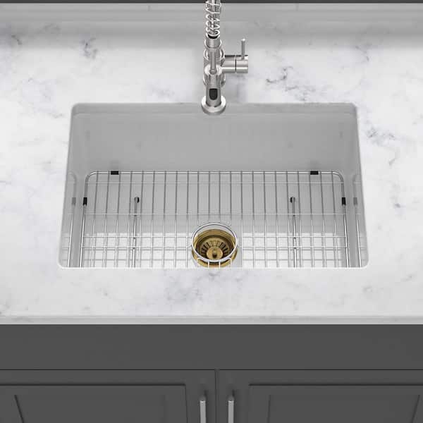 27 in. Undermount Single Bowl White Ceramic Kitchen Sink with Bottom Grids