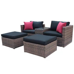 5-Pieces Brown Wicker Outdoor Sectional Conversation Sofa with Black Cushions and Red Pillows