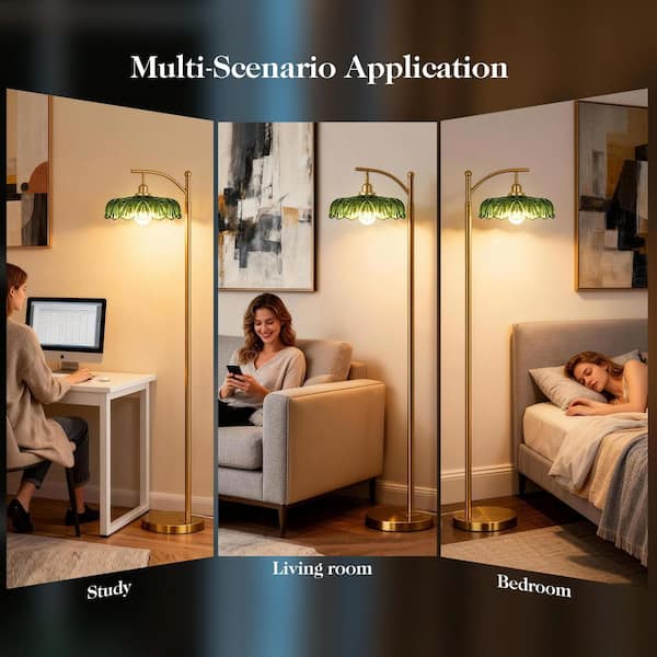 68 in. Brushed Gold Arc Floor Lamp with Remote-Dimmable Mid-Century Modern Standing Lamp and Green Glass Shade