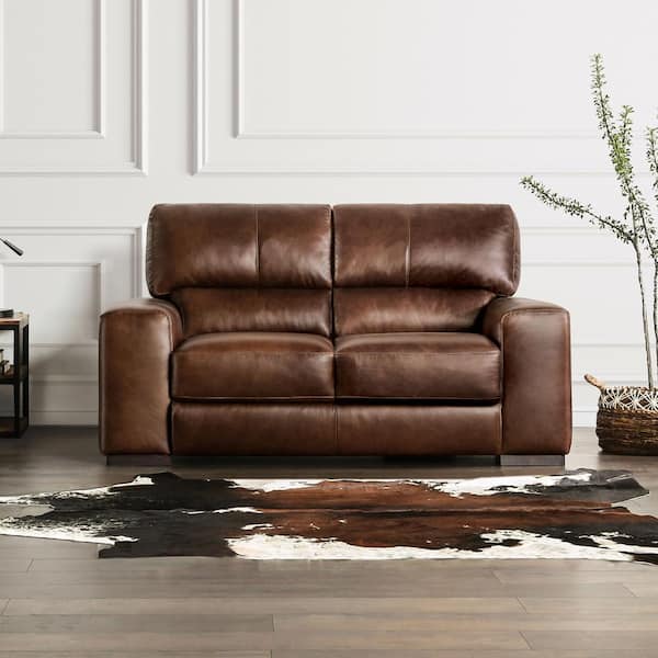 Furniture of America Mechler 70.13 in. Cognac Real Italian Leather 2-Seater Loveseat