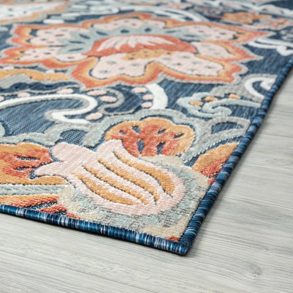 Tropic Floral Dark Blue Synthetic 5' x 7' Easy Care Area Rug