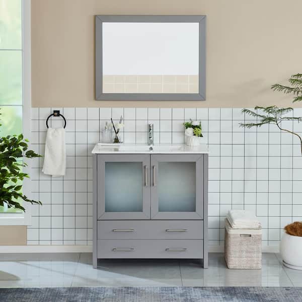Vanity Art Brescia 36 in. W x 18 in. D x 36 in. H Bathroom Vanity in Grey with Single Basin Vanity Top in White Ceramic and Mirror