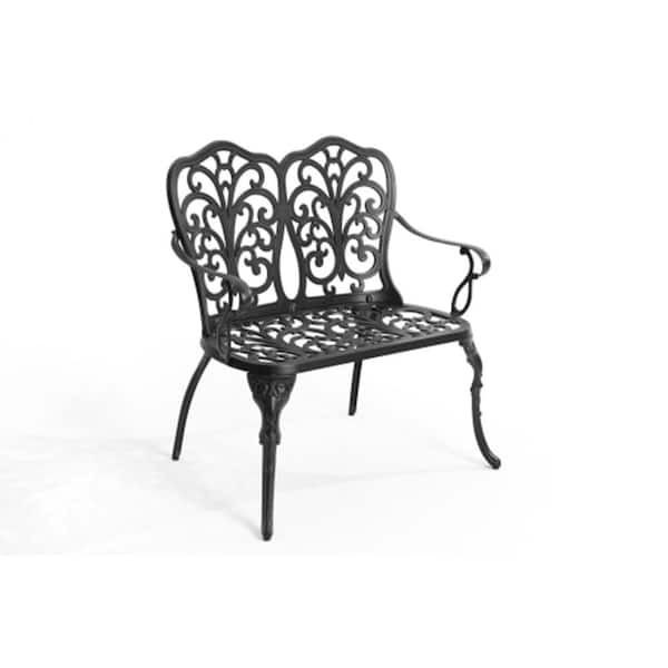 Elegant Cast Aluminum Outdoor Loveseat Floral Rose Garden and Park Bench for Patio, Lawn, Yard Furniture, Black