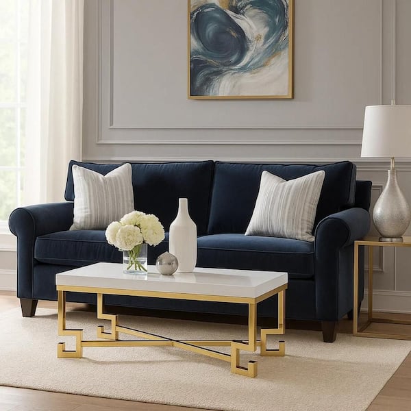 24 in. White and Gold Small Rectangle Wooden Coffee Table with Designer Metal Feet and X Crossed Support