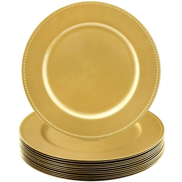 12 Pack 13 in. Plastic Gold Charger Plates, Round Beaded Charger Plates for Wedding, Catering Event, Tabletop Decor