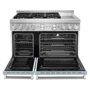 48 in. 6.3 cu. ft. Smart Double Oven Commercial-Style Gas Range with Griddle and True Convection in Misty Blue