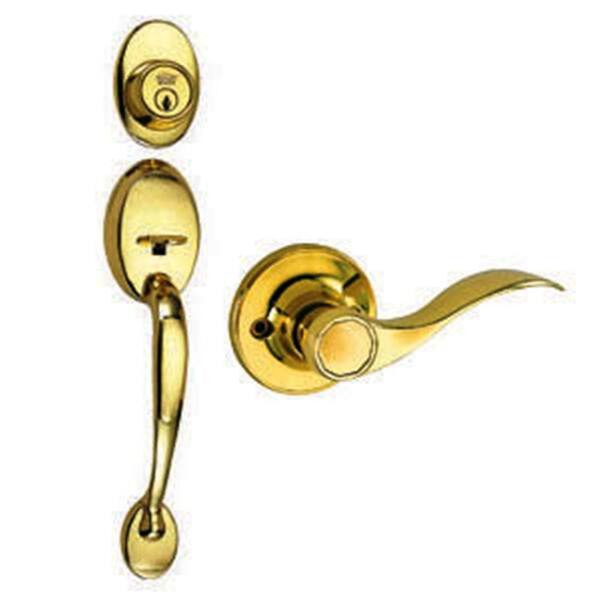 Design House Coventry Polished Brass Handleset with Single Cylinder Deadbolt, Springdale Lever Interior and Universal 6-Way Latch