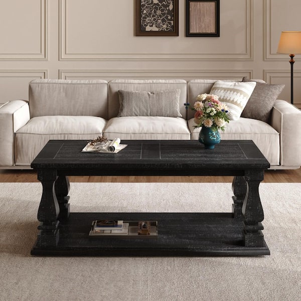 Suzamni 47.24 in. Antique Black Rectangle Wood Farmhouse Coffee Table with Square Baluster Legs