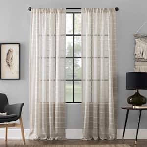 Aso Twill Stripe Linen Blend White/Linen 95 in. L x 52 in. W Sheer Rod Pocket Curtain Panel