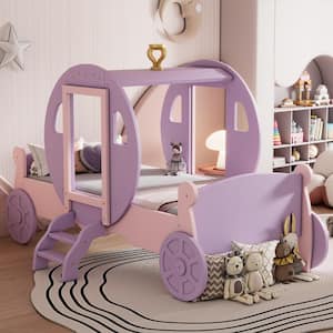 Purple and Pink Twin Size Wood Princess Carriage-shaped Kids Bed, Platform Bed with Crown and Ladder