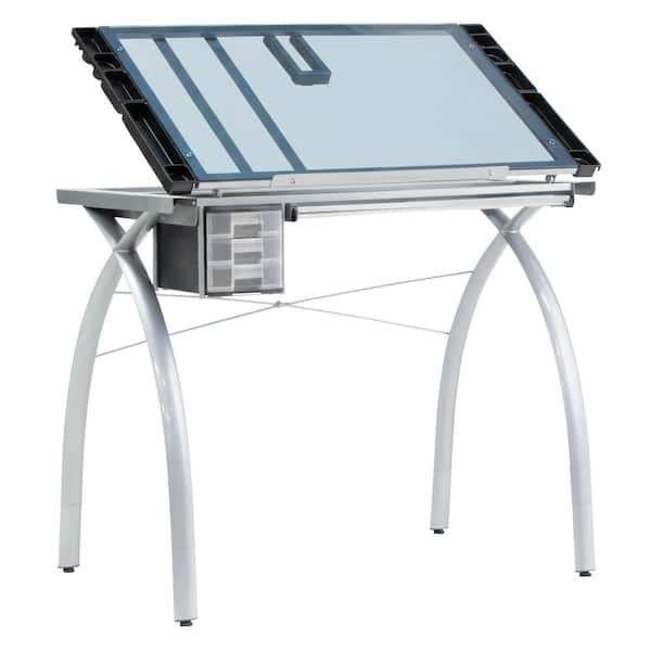 Futura Craft 38 in. W Silver/Blue Glass Craft Table with Angle Adjustable Top, Light Pad Support Bars and Leg Extensions