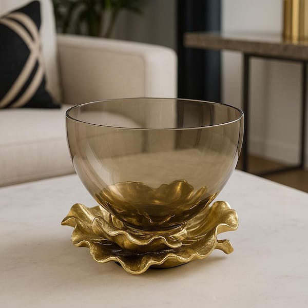 castellousa Gold Decorative Handmade Aluminum and Glass Round Bowl