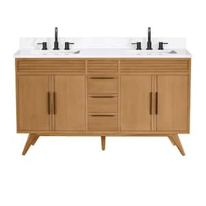 Taylor 61 in. Double Sink Natural Teak Bath Vanity with White Quartz Top (Assembled)