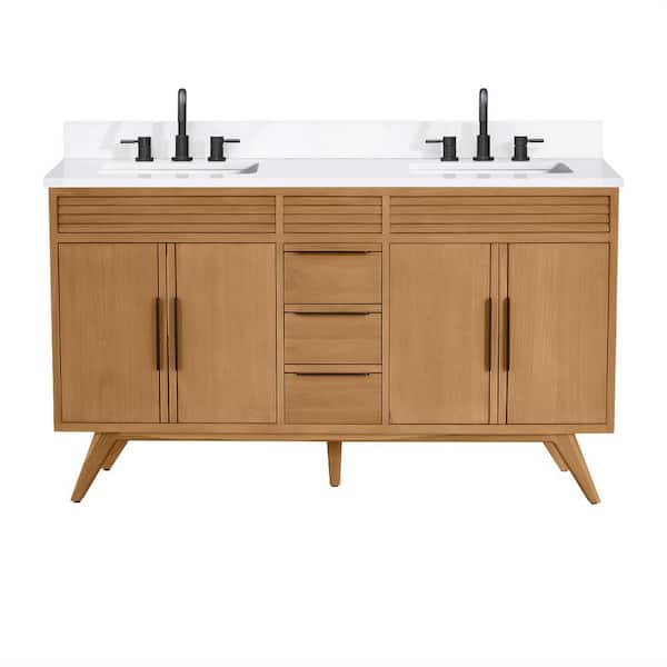 Taylor 61 in. Double Sink Natural Teak Bath Vanity with White Quartz Top